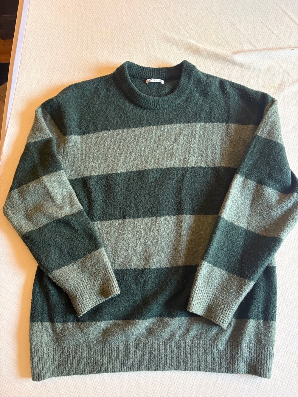 Zara Men's Striped Crewneck Sweater in Dark Green and Sage
